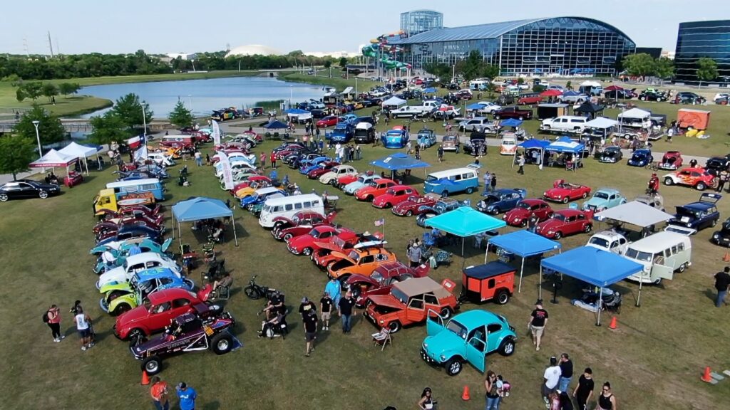 Aerial view of Volkswagen cars gathered at Dub Splash