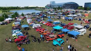 Aerial view of Volkswagen cars gathered at Dub Splash